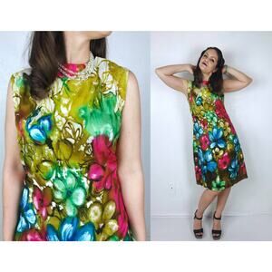 vintage 60s Silk FLOWER POWER Cocktail DRESS watercolor day glo psychedelic